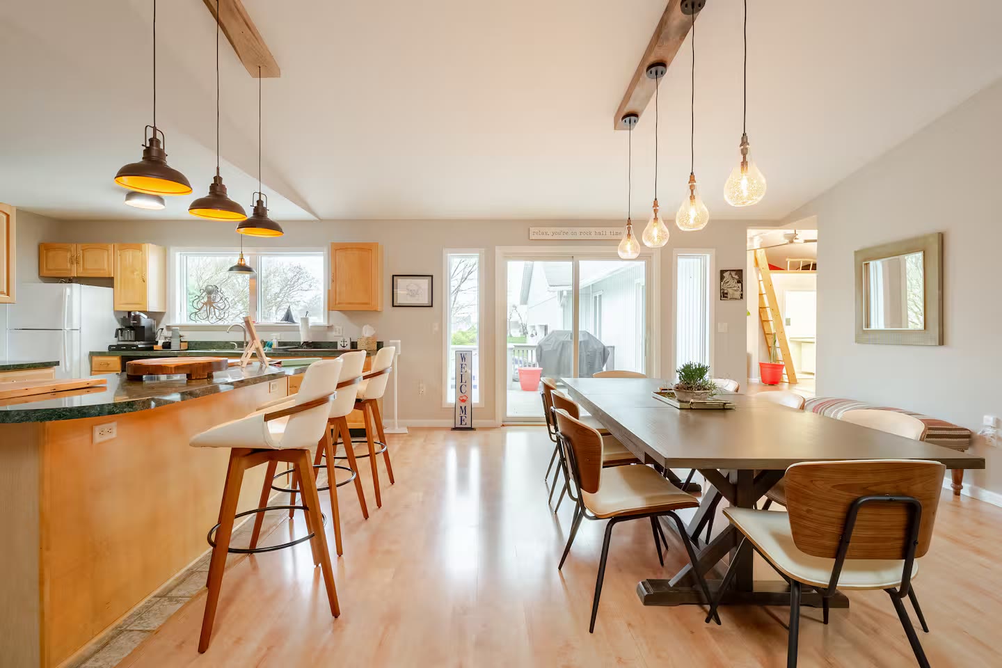 Dining table and sliding door to the deck